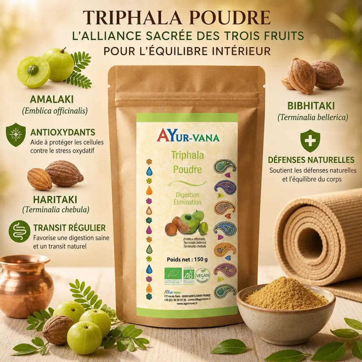 Triphala poudre bio Ayurvana avec ingrédients Amalaki, Haritaki, Bibhitaki et bénéfices santé