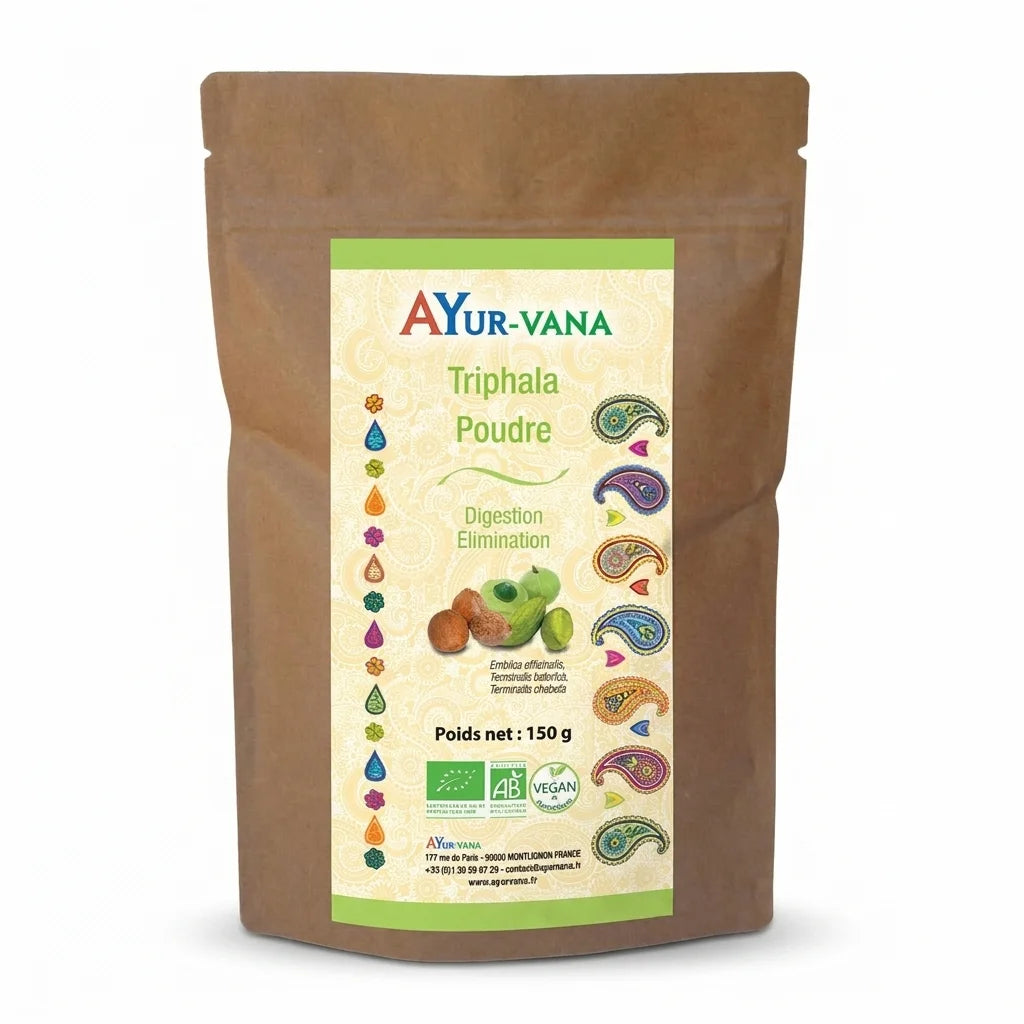 Triphala bio en poudre Ayur-Vana sachet kraft avec étiquette verte