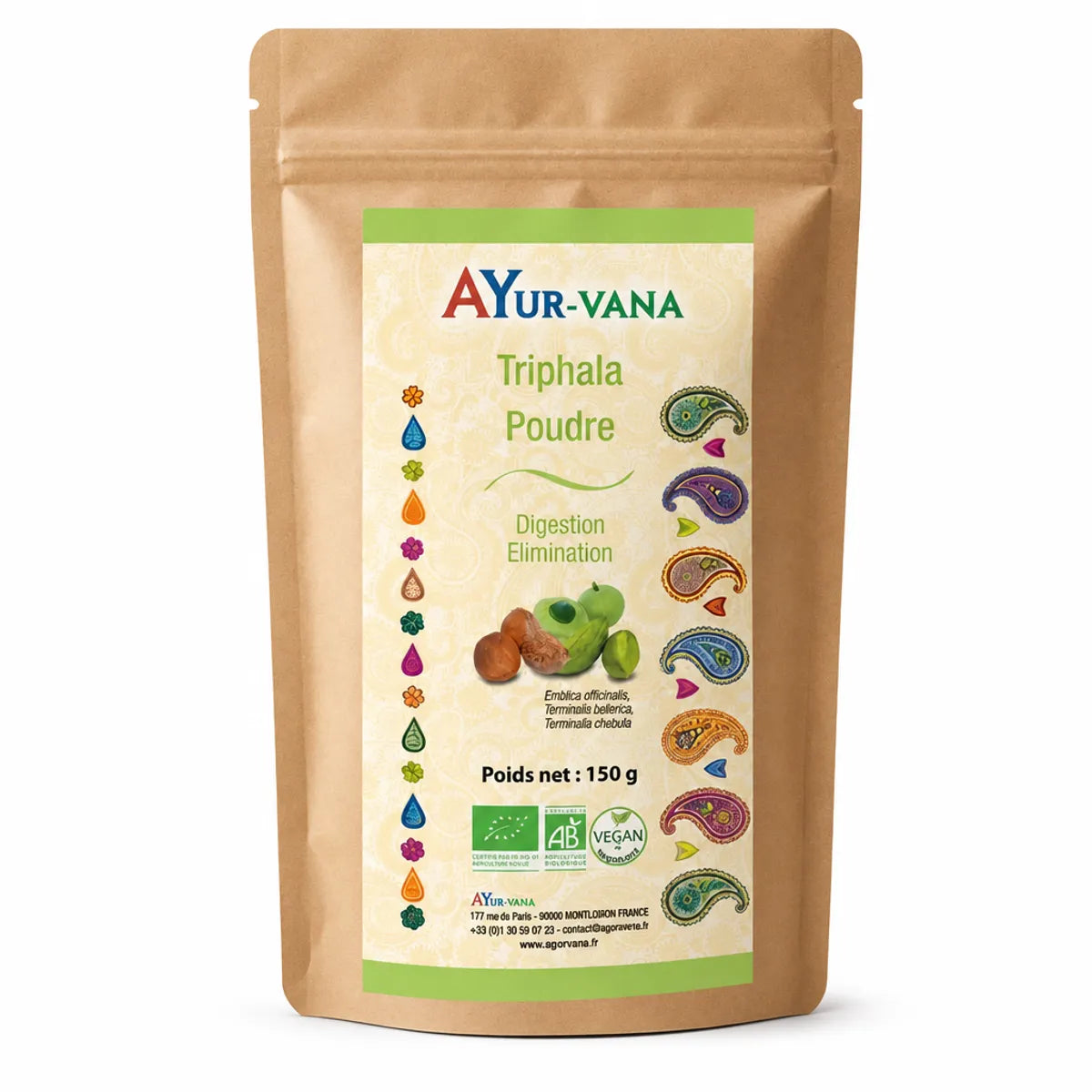 Triphala bio en poudre Ayurvana 150g dans son emballage kraft avec étiquette verte