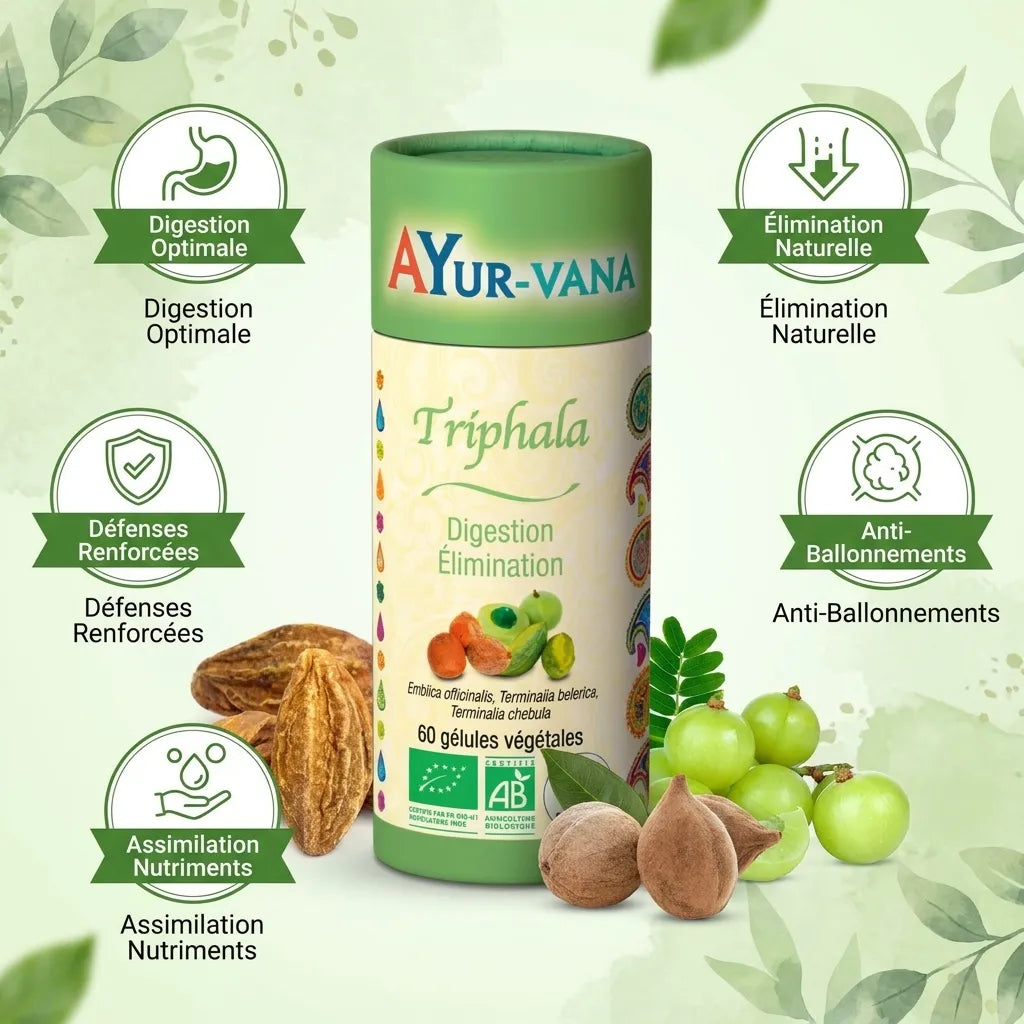 Triphala bio vegan Ayurvana en gélules avec bénéfices digestion et défenses naturelles