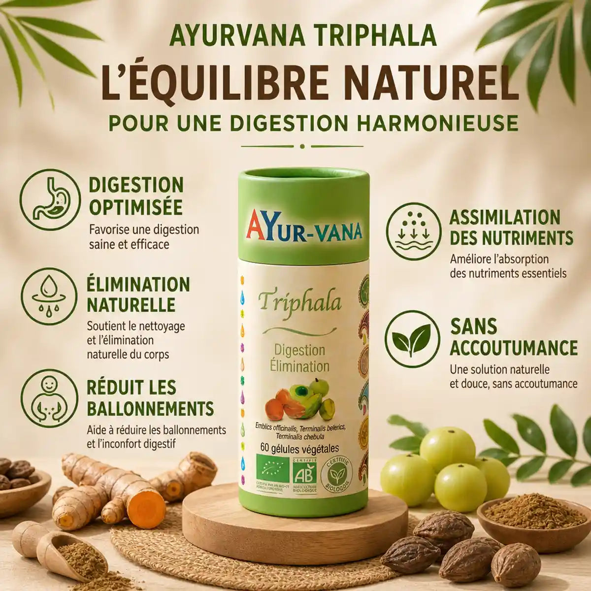 Triphala bio Ayurvana en gélules avec ses 5 bénéfices pour la digestion et l'élimination naturelle
