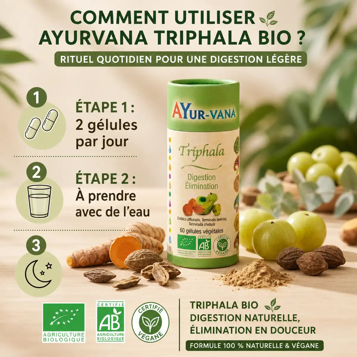 Triphala bio vegan Ayurvana en gélules avec guide posologie et ingrédients naturels