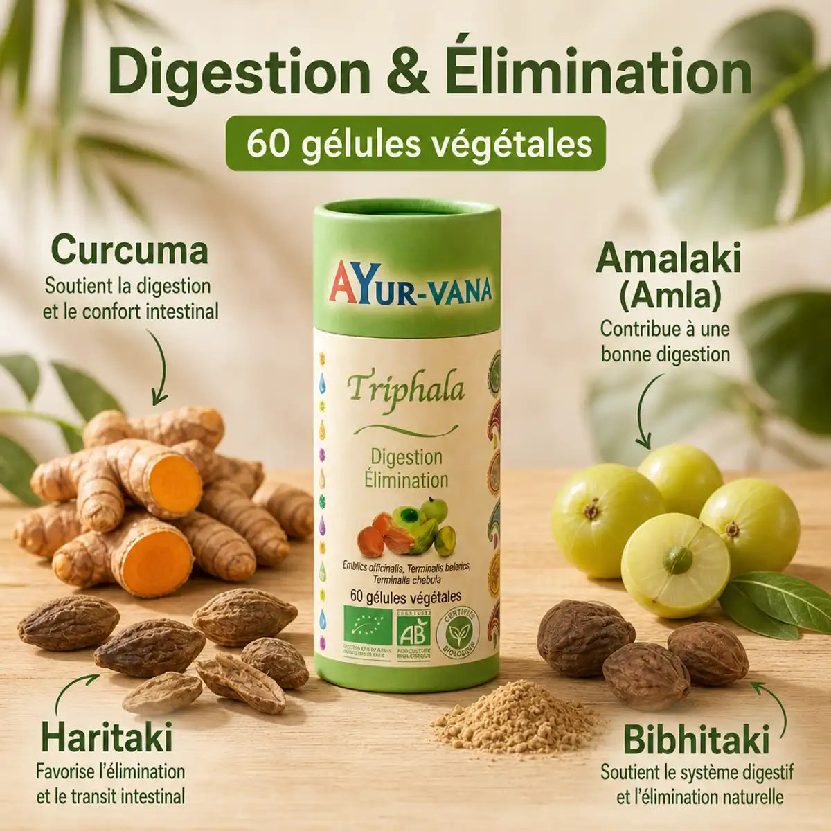 Gélules Triphala bio Ayurvana avec ingrédients Amalaki, Haritaki, Bibhitaki - 60 capsules vegan digestion