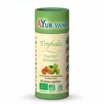 Triphala bio vegan en gélules Ayurvana, flacon vert et crème sur fond blanc