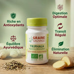 Gélules Triphala Bio vegan avec infographie des 5 bénéfices digestifs et équilibre ayurvédique