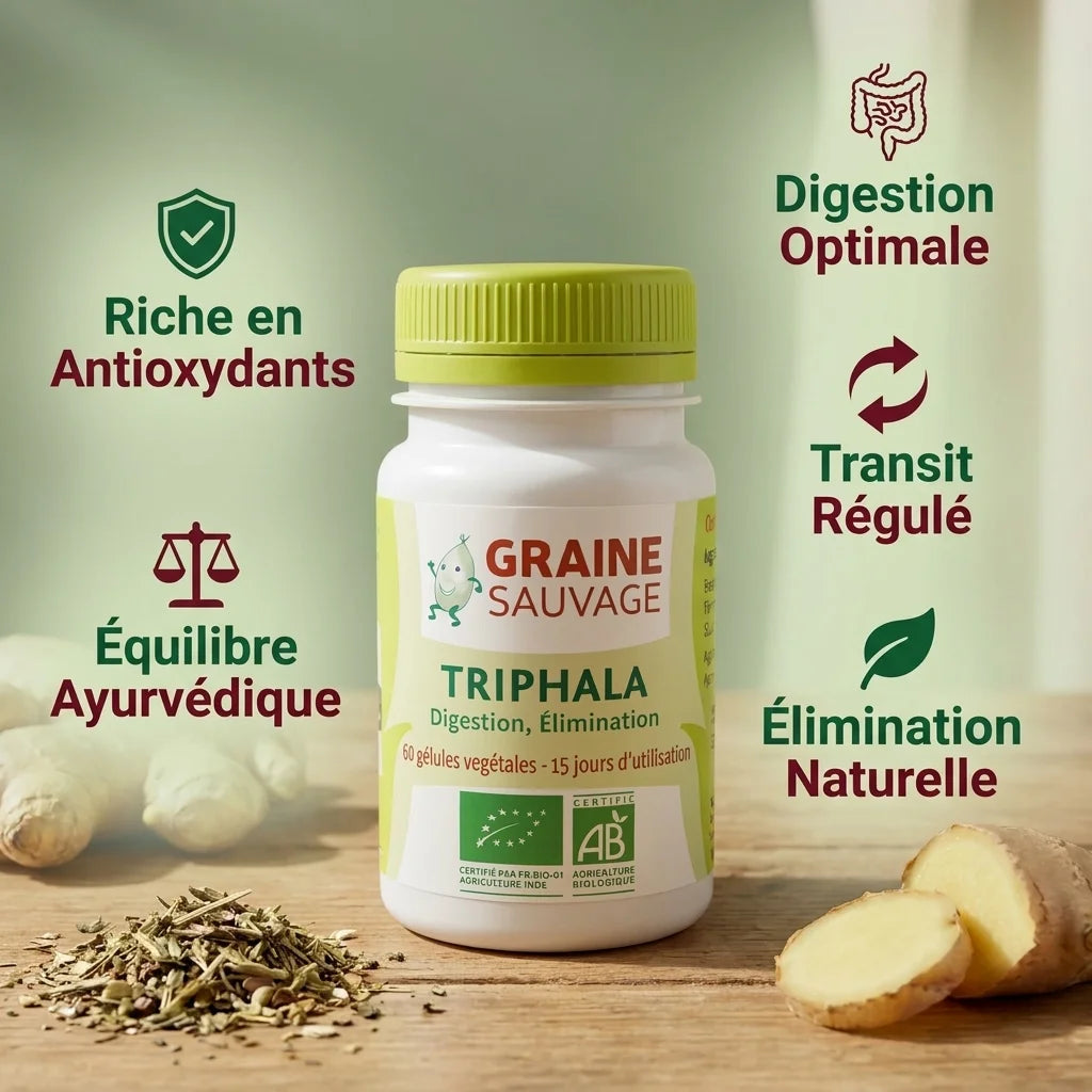 Gélules Triphala Bio vegan avec infographie des 5 bénéfices digestifs et équilibre ayurvédique