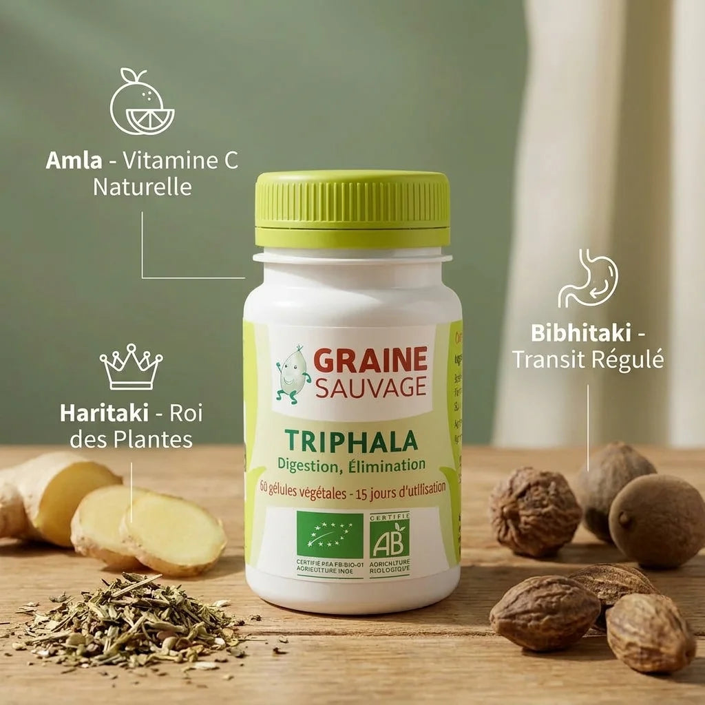 Graine Sauvage Triphala Bio en gélules avec ingrédients naturels amla, bibhitaki et haritaki
