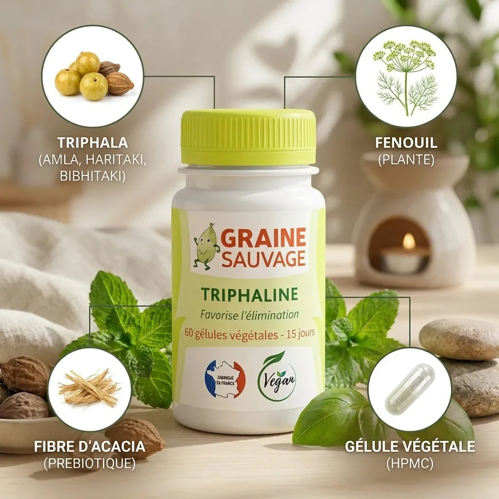 Triphaline Vegan gélules avec ingrédients naturels : Triphala, Fenouil et Fibre d'Acacia