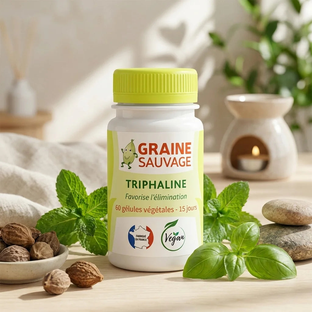Triphaline Vegan en gélules Graine Sauvage avec capuchon vert et herbes naturelles