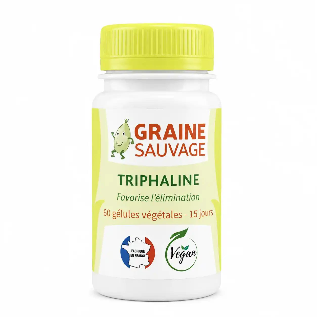 Flacon de Triphaline Vegan en gélules avec bouchon jaune-vert sur fond blanc