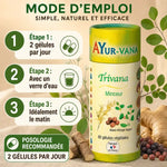 Trivana Vegan gélules Ayurvana avec instructions d'usage et ingrédients botaniques naturels