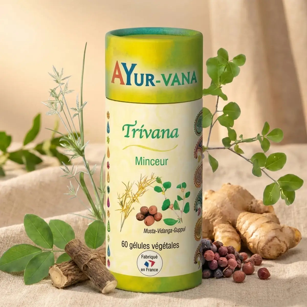 Trivana Vegan en gélules Ayurvana avec gingembre, guggul et herbes sur fond naturel