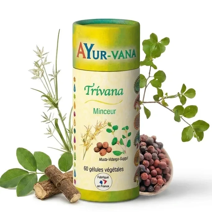 Trivana Vegan en gélules Ayurvana - complément minceur en flacon jaune-vert sur fond blanc