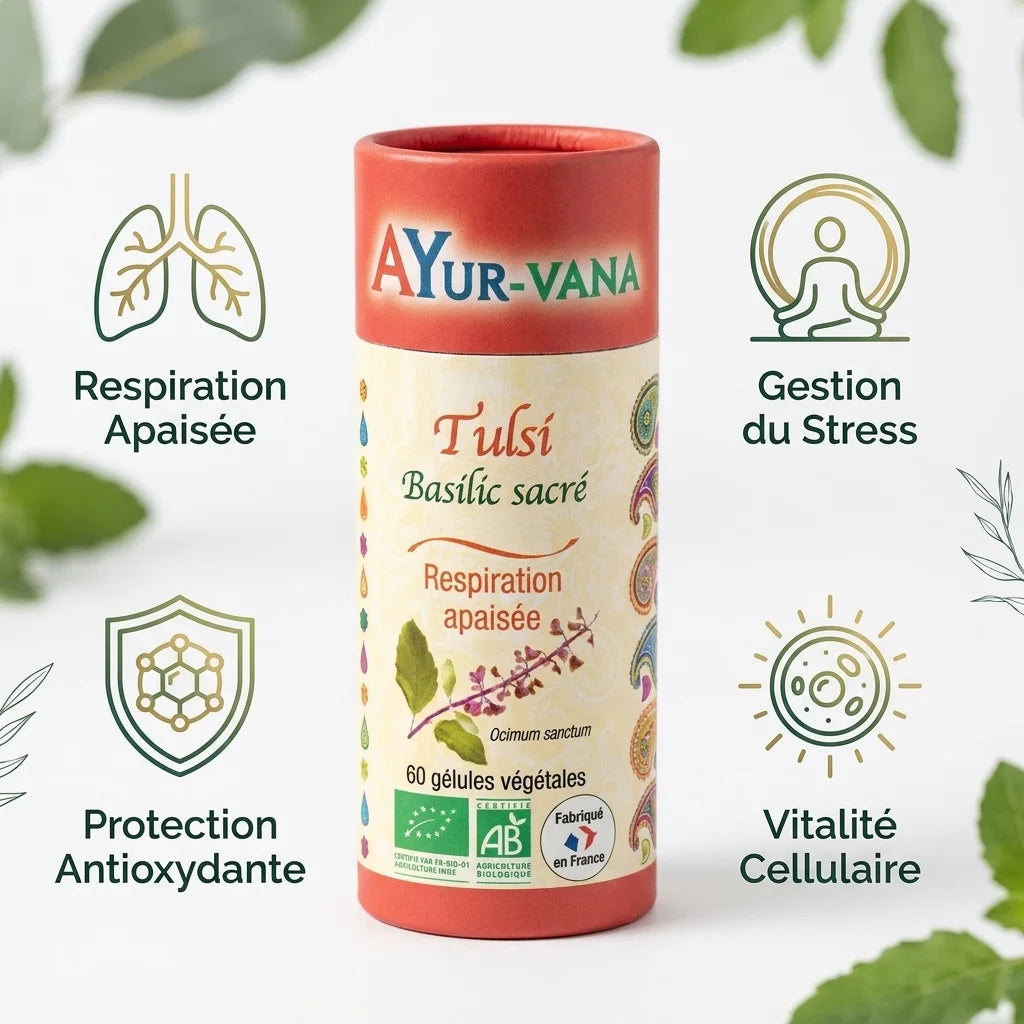 Tulsi bio gélules Ayurvana avec bénéfices : respiration, stress, antioxydants, vitalité
