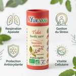 Tulsi bio gélules Ayurvana avec bénéfices : respiration, stress, antioxydants, vitalité
