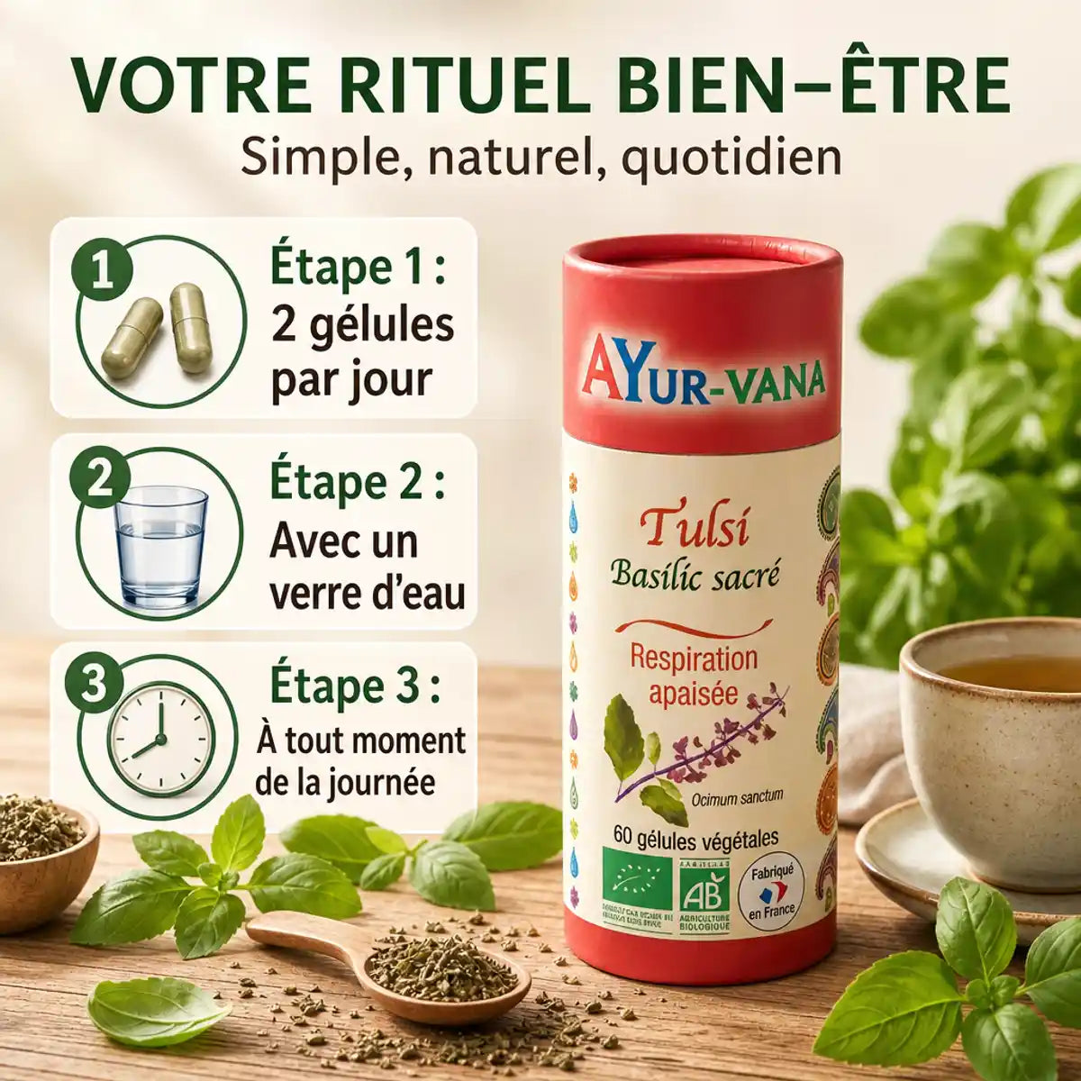 Tulsi bio Ayur-Vana en gélules avec guide posologie et feuilles basilic frais sur table bois