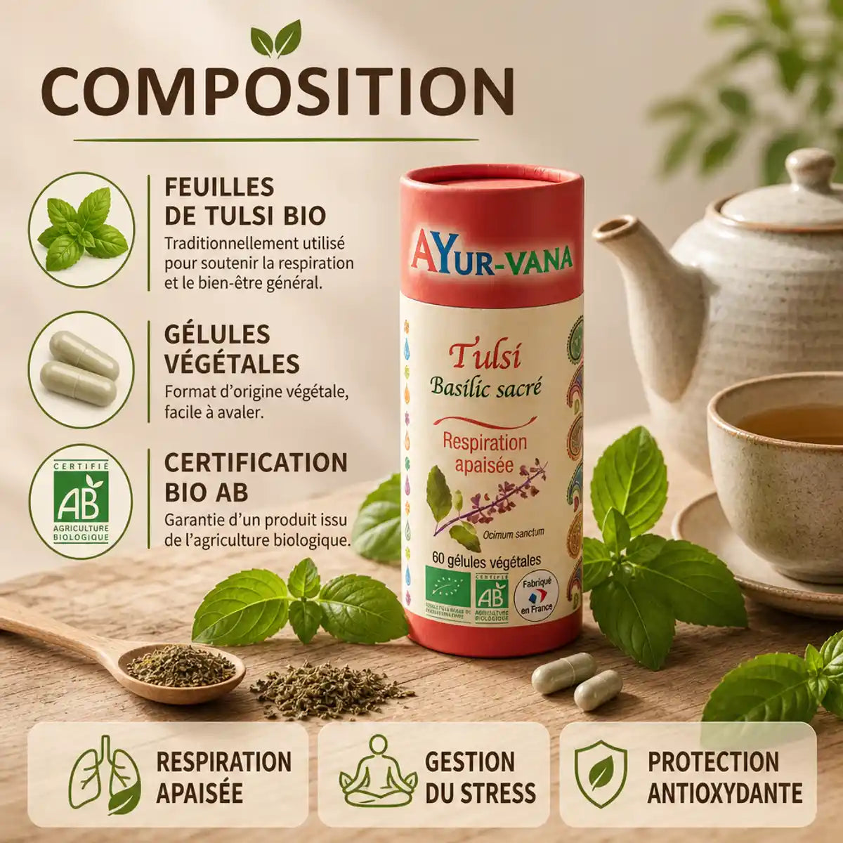 Tulsi bio gélules Ayur-Vana avec feuilles de basilic sacré et certification bio AB