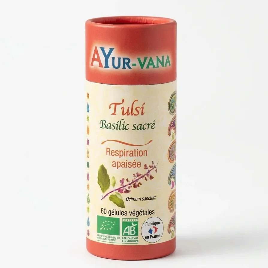 Flacon de Tulsi bio en gélules Ayur-Vana sur fond blanc, complément alimentaire ayurvédique