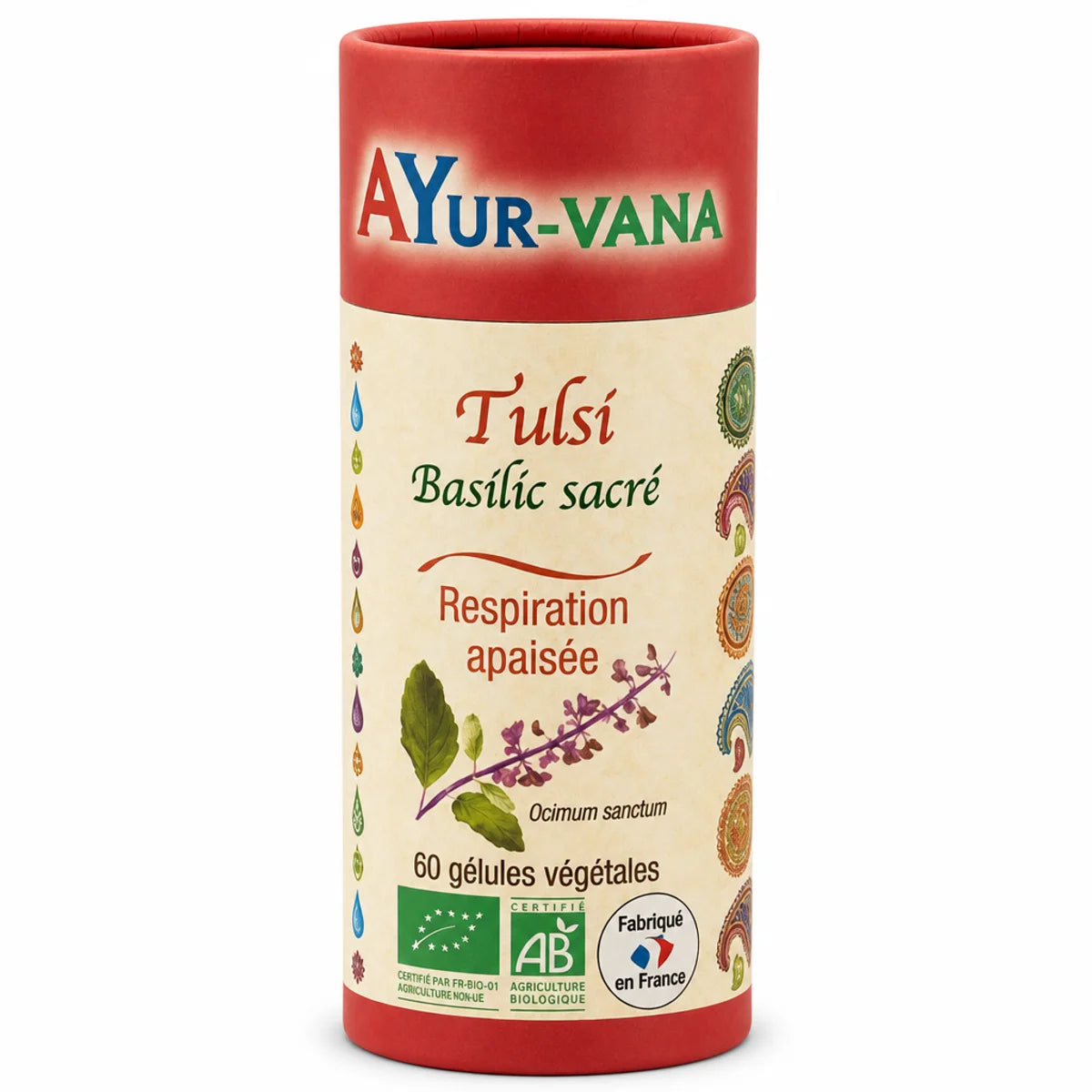 Tulsi bio en gélules Ayur-Vana - flacon rouge de basilic sacré pour la respiration