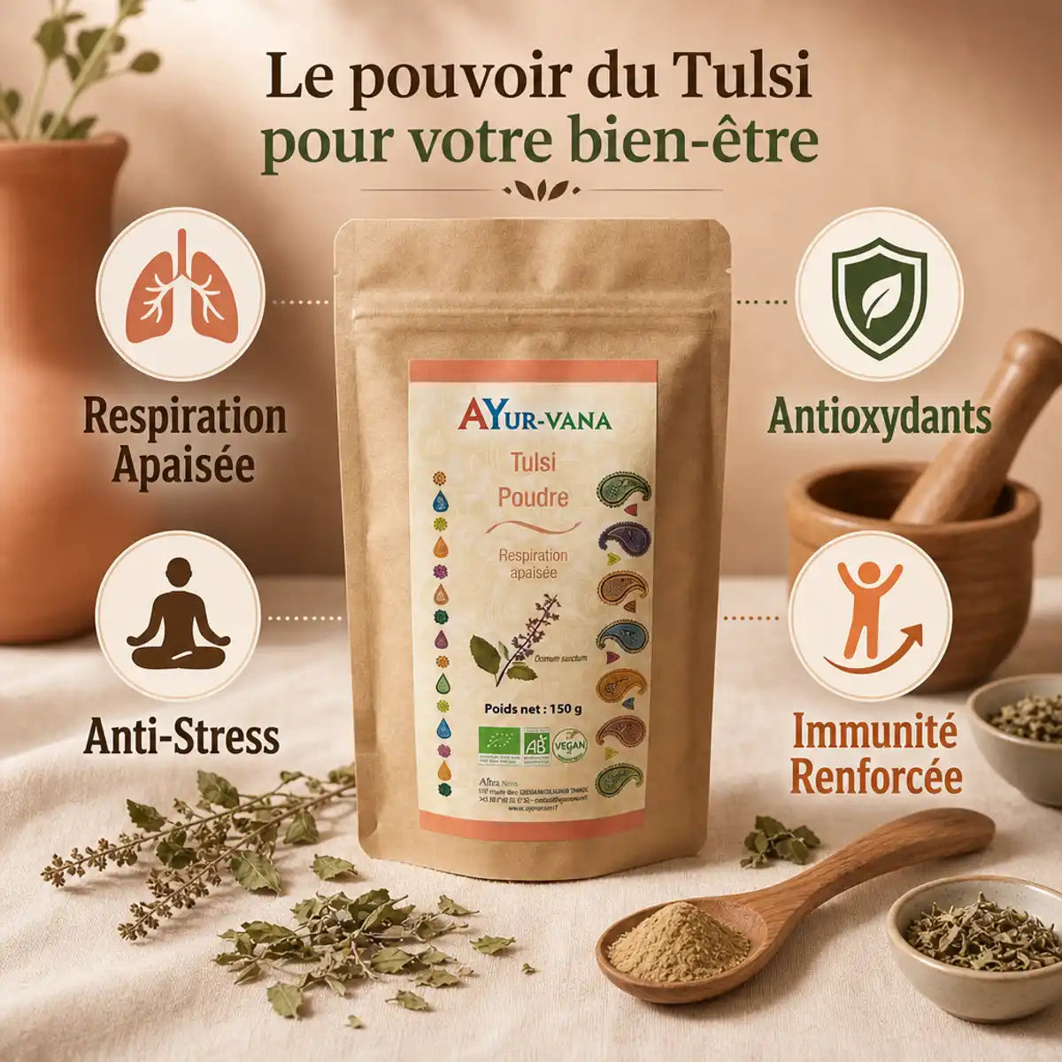 Tulsi bio poudre Ayurvana 150g avec bénéfices respiration, anti-stress, antioxydants et immunité
