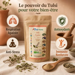 Tulsi bio poudre Ayurvana 150g avec bénéfices respiration, anti-stress, antioxydants et immunité