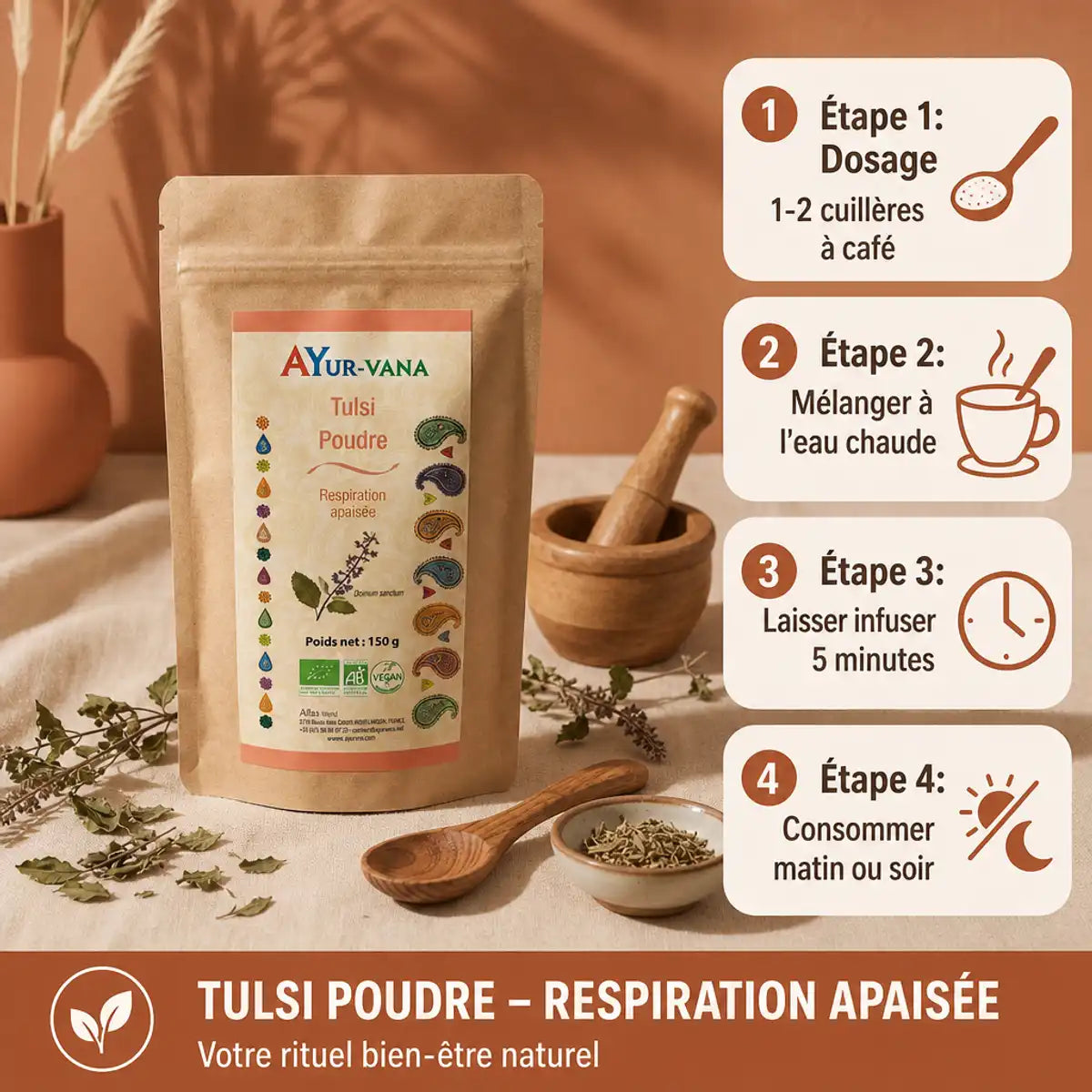 Tulsi Ayurvana poudre 150g avec guide d'utilisation et feuilles séchées sur tissu beige