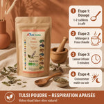 Tulsi Ayurvana poudre 150g avec guide d'utilisation et feuilles séchées sur tissu beige