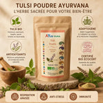 Tulsi bio en poudre Ayurvana 150g avec ingrédients, feuilles fraîches et bénéfices santé