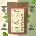 Tulsi bio en poudre Ayurvana avec bénéfices : respiration, anti-stress, antioxydants, immunité