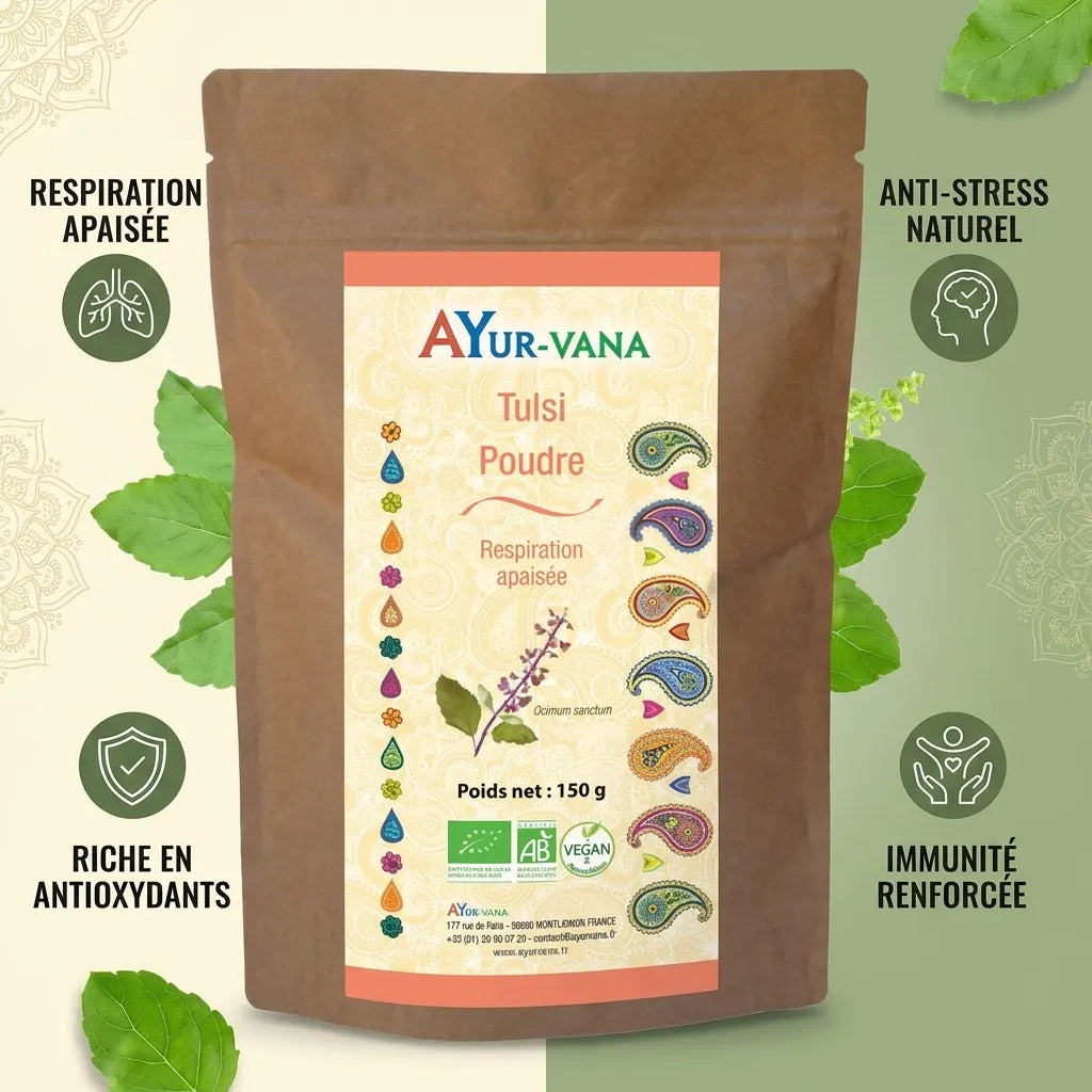 Tulsi bio en poudre Ayurvana avec bénéfices : respiration, anti-stress, antioxydants, immunité