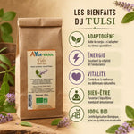 Tulsi bio Ayurvana infusion vrac - Sachet kraft avec bénéfices adaptagène, énergie et vitalité