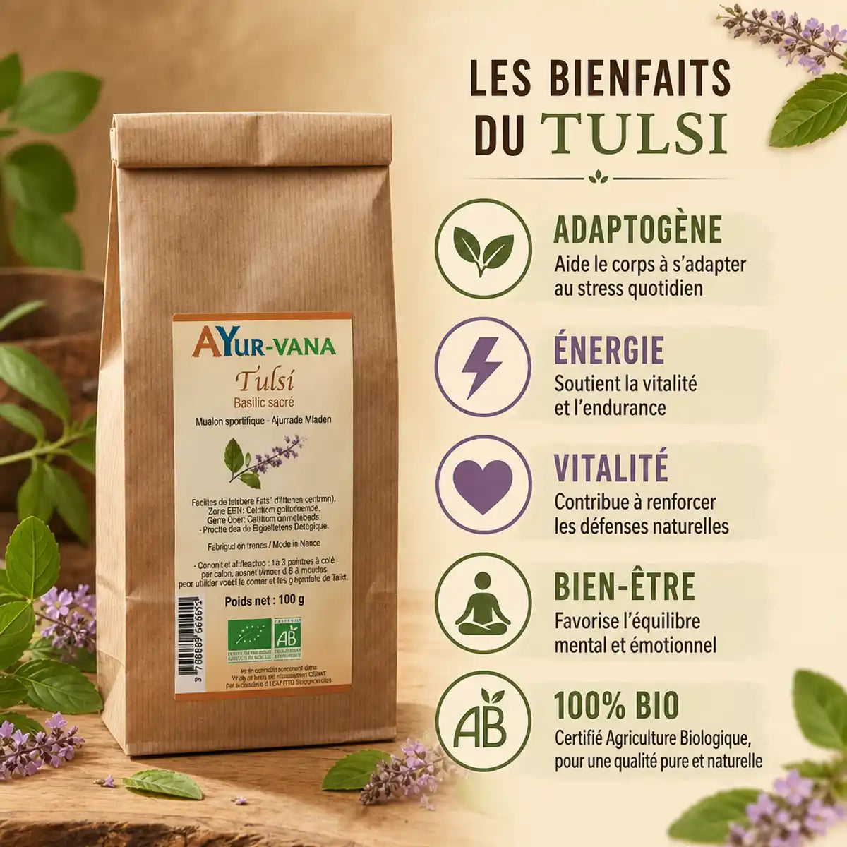 Tulsi bio Ayurvana infusion vrac - Sachet kraft avec bénéfices adaptagène, énergie et vitalité