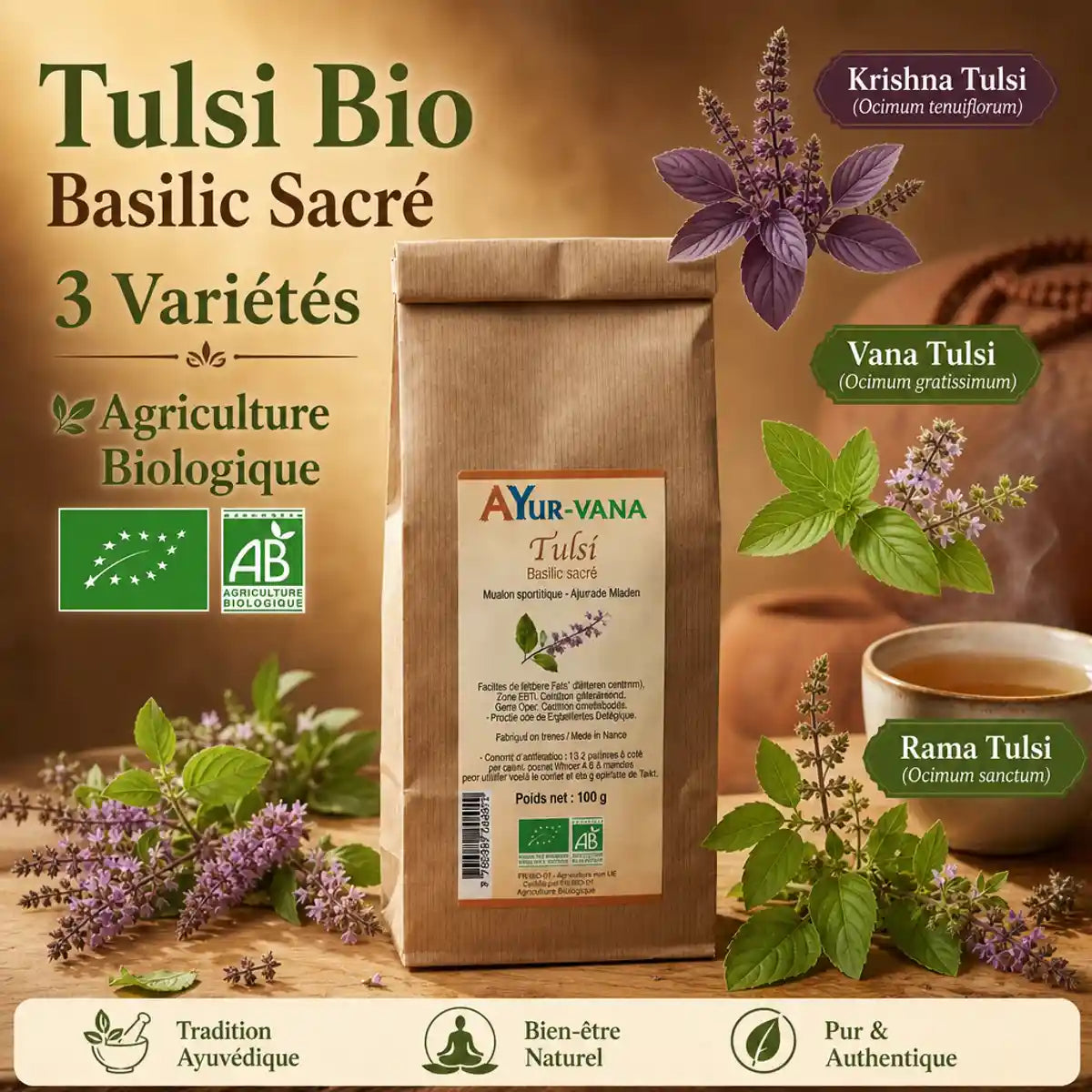 Tulsi bio vegan Ayurvana 100g - infusion vrac avec 3 variétés de basilic sacré