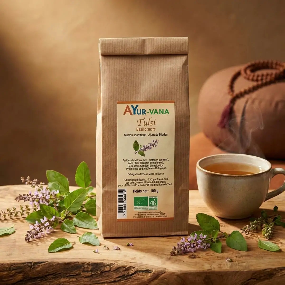 Tulsi bio Ayurvana 100g avec feuilles fraîches et fleurs violettes sur surface bois