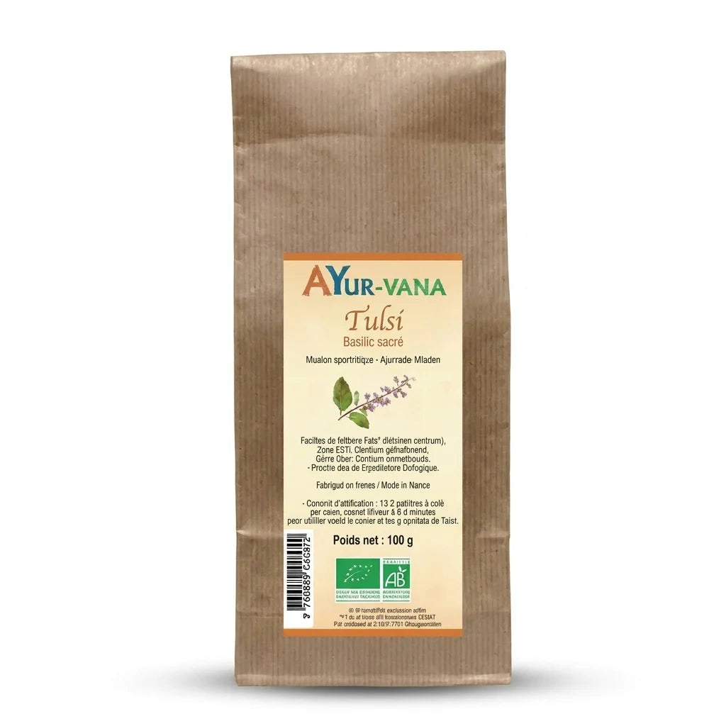 Tulsi bio vegan Ayurvana infusion vrac 100g sachet kraft, thé ayurvédique