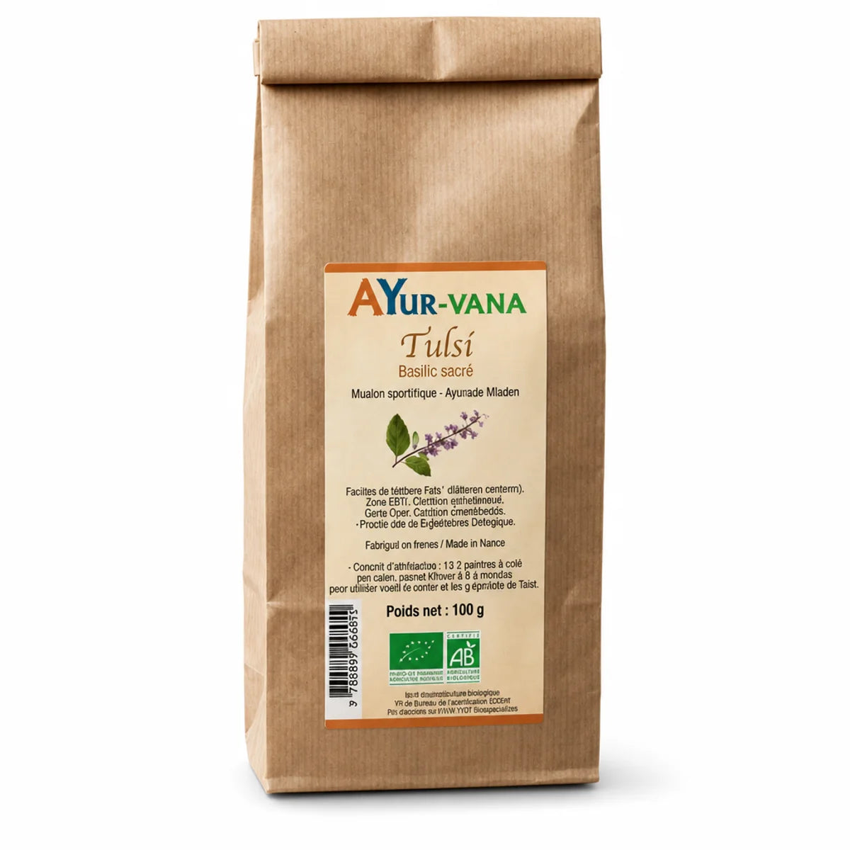 Tulsi bio vegan Ayurvana 100g sachet kraft thé infusion ayurvédique