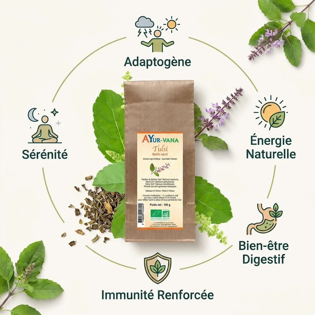 Tulsi bio vegan Ayurvana infusion vrac avec adaptogène, énergie naturelle et bien-être digestif