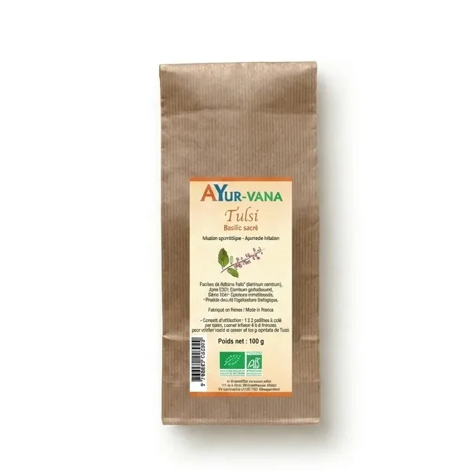 Tulsi bio vegan Ayurvana - Infusion en vrac dans sachet kraft avec label orange