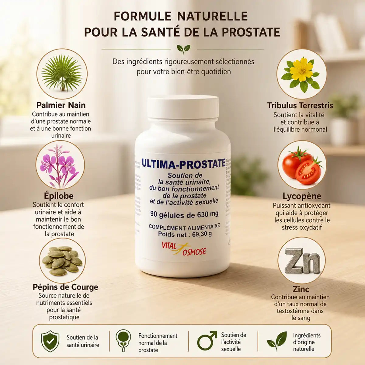 Ultima Prostate 90 gélules Vital Osmose avec ingrédients Palmier Nain, Épilobe et Zinc