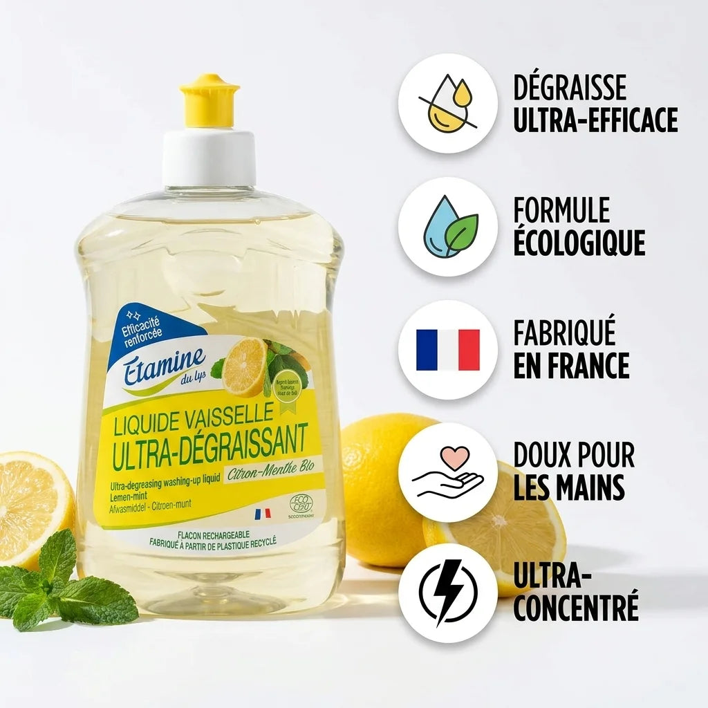 Bouteille Etamine du Lys ultra-dégraissant citron-menthe avec icônes bénéfices écologiques et fabrication française
