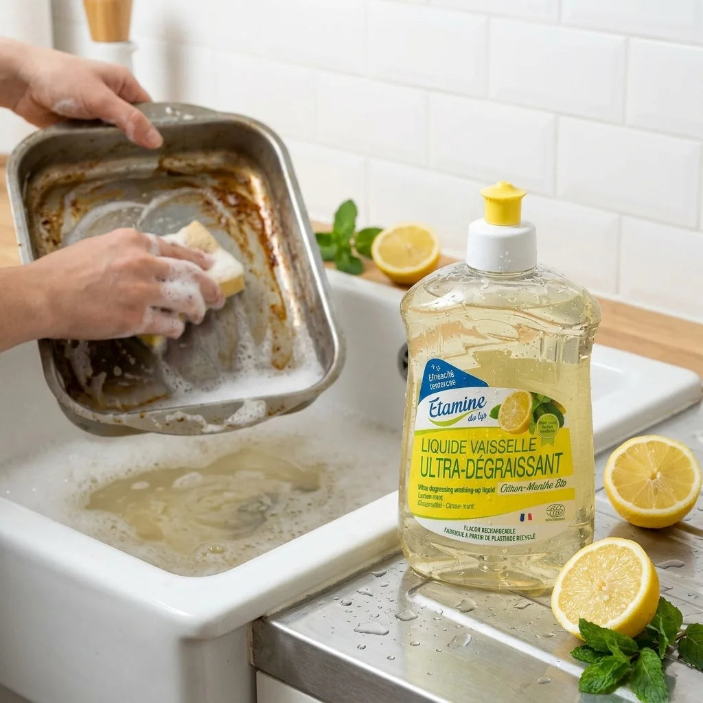 Ultra-dégraissant citron-menthe Etamine du Lys en action près d'un évier avec mains lavant la vaisselle grasse