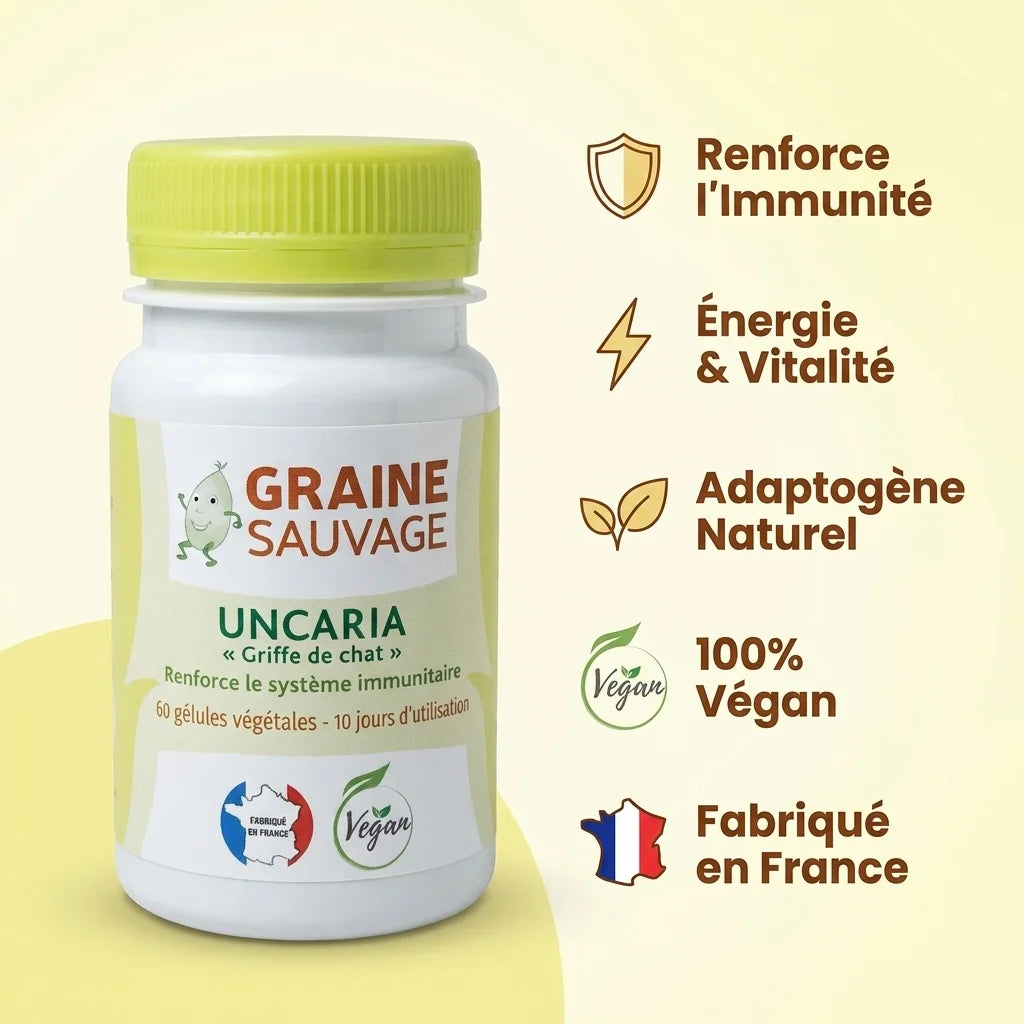 Uncaria vegan en gélules Graine Sauvage avec infographie des 5 bénéfices santé et immunité