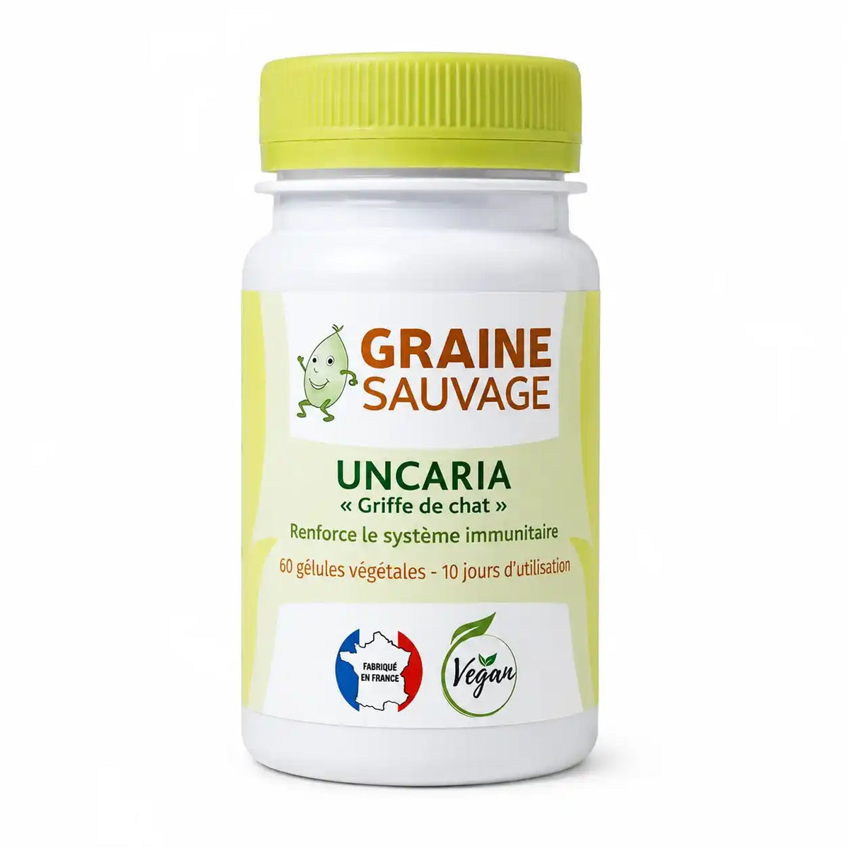 Flacon de gélules Uncaria vegan Graine Sauvage avec bouchon jaune-vert sur fond blanc