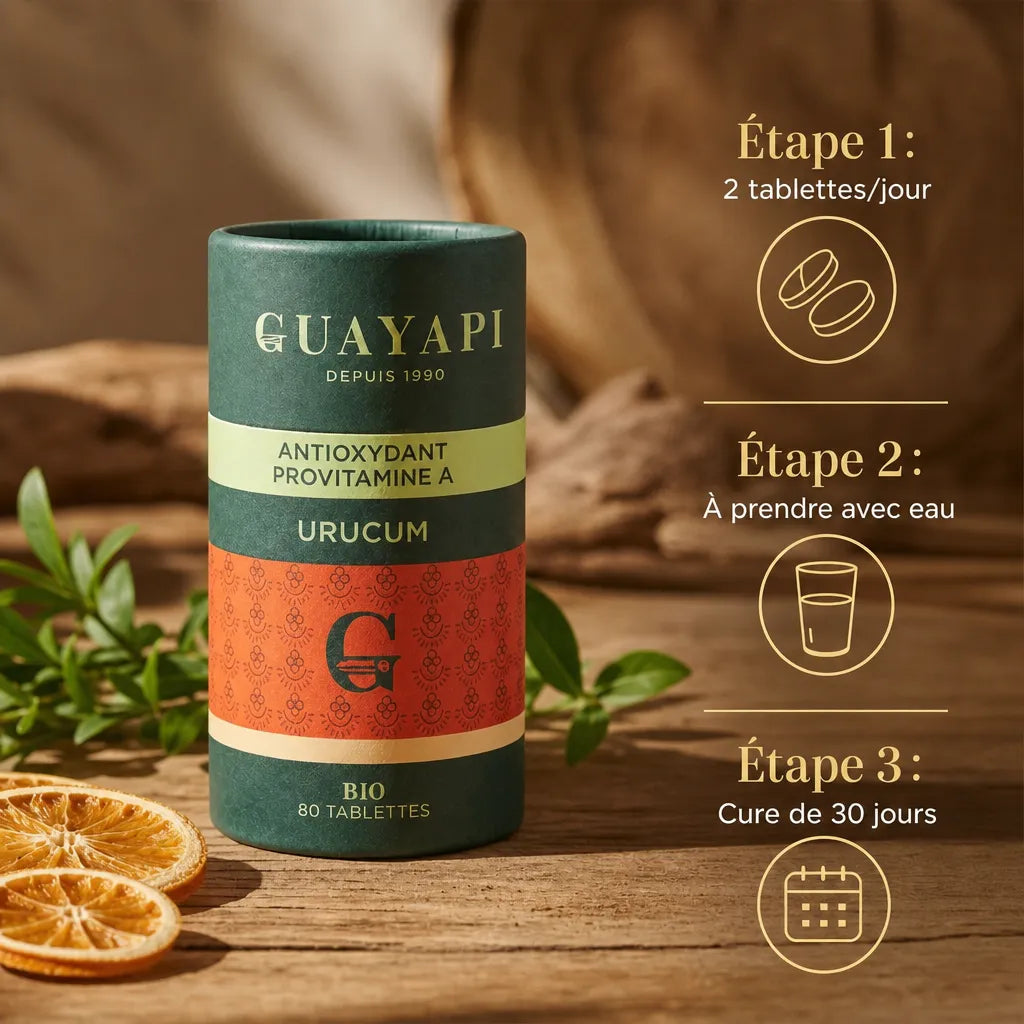 Urucum Bio Guayapi 80 tablettes avec dosage 2 comprimés par jour, cure 30 jours recommandée