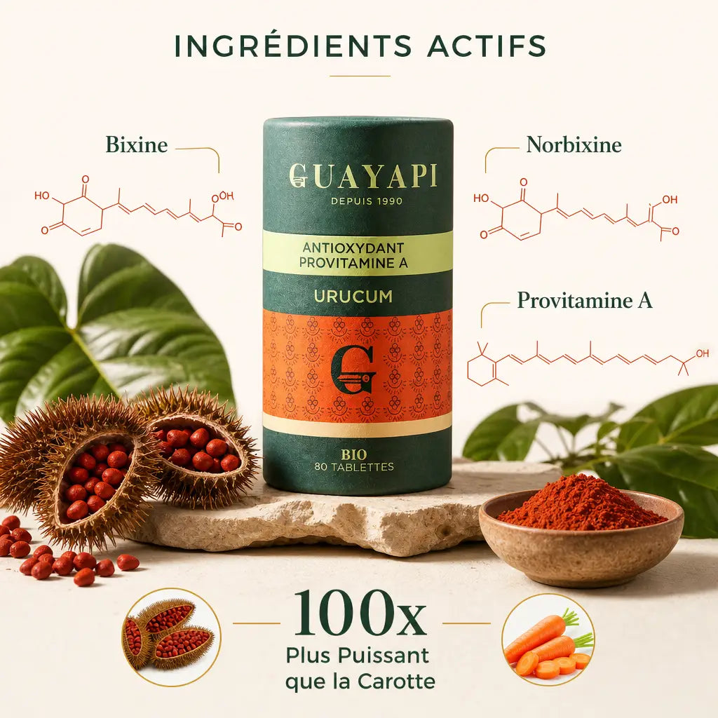 Urucum Bio 80 tablettes Guayapi avec ingrédients actifs bixine et provitamine A sur fond blanc