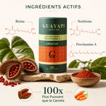 Urucum Bio 80 tablettes Guayapi avec ingrédients actifs bixine et provitamine A sur fond blanc