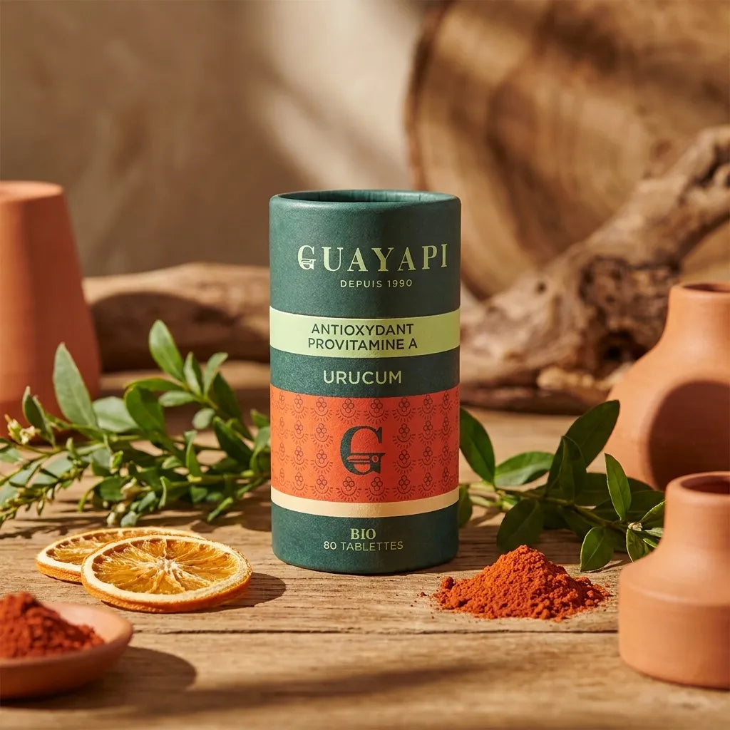 Urucum Bio Guayapi 80 tablettes avec botaniques sur surface bois naturel