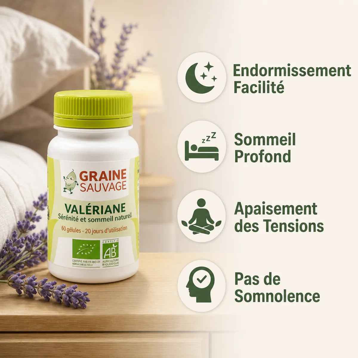 Gélules Valériane Bio vegan avec bénéfices sommeil et apaisement tensions