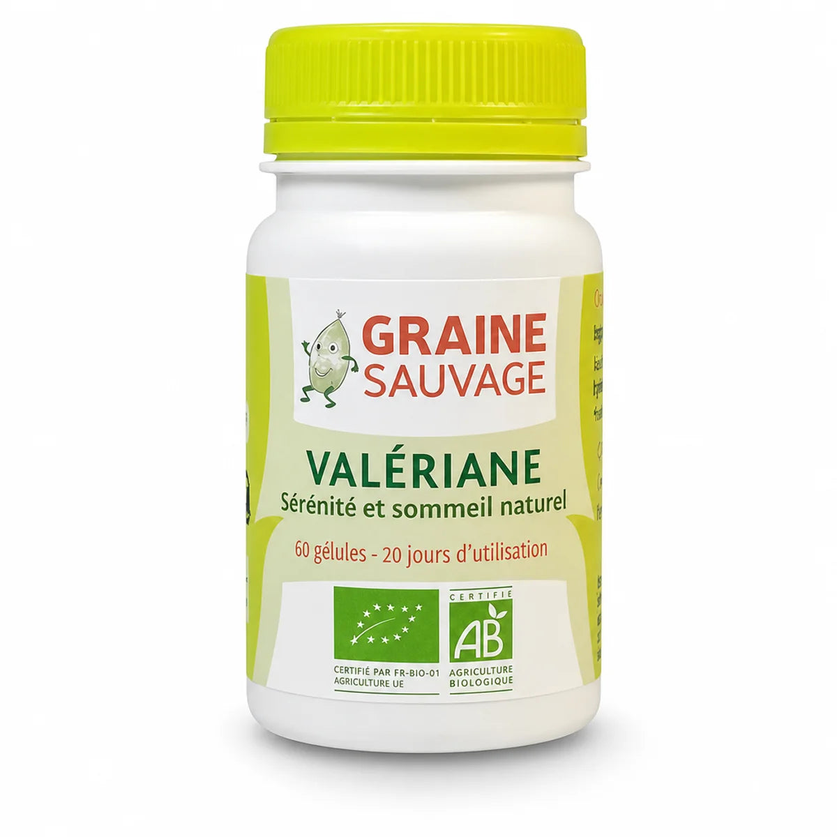 Graine Sauvage Valériane Bio Vegan en gélules, flacon avec certification AB sur fond blanc