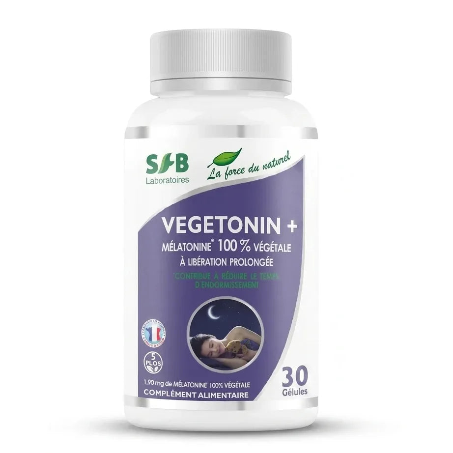 Flacon Vegetonin + Mélatonine végétale en gélules sur fond blanc